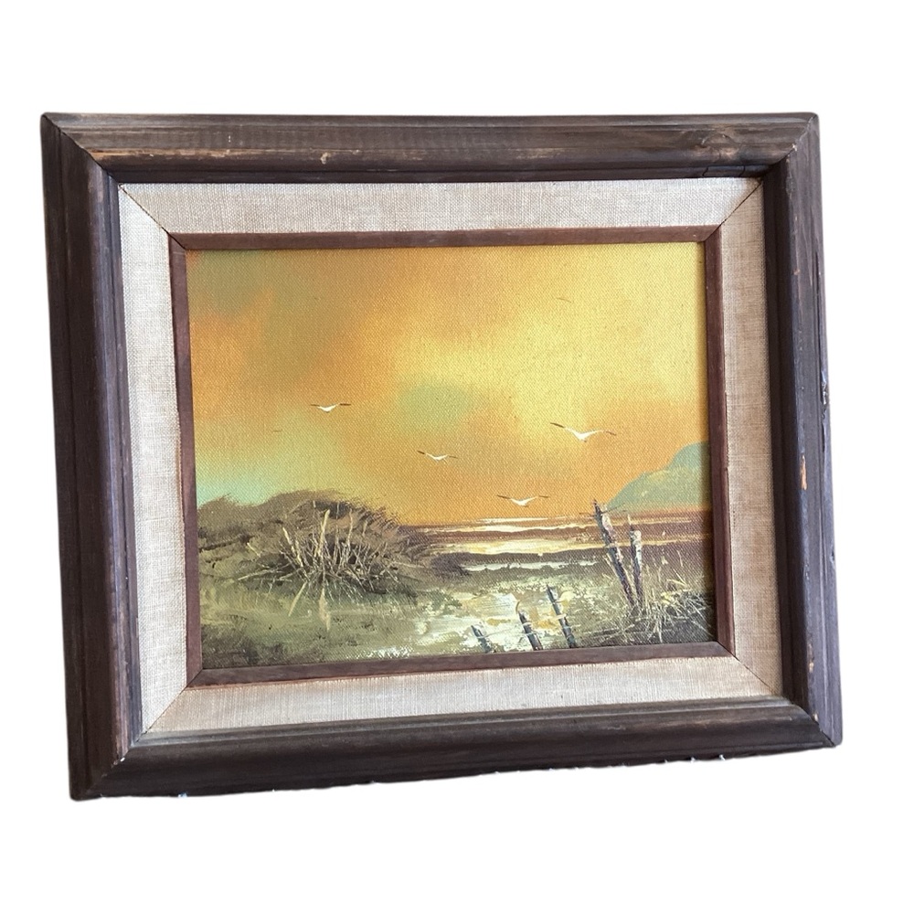 Vintage 70’s Painting Sea Gulls at Sunrise Framed